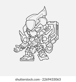 Coloring Page Outline Of Gundam cartoon robot for children Friendly mechanism. Children's toy robot. Single line draw design vector graphic illustration svg