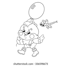 Coloring Page Outline Of a happy chicken walking with a balloon