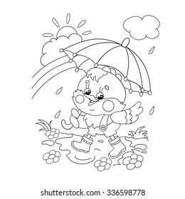 Coloring Page Outline Of a happy chicken walking in the rain with umbrella