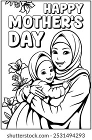 Coloring page outline of the happy mother's day islamic vector illustration in cute line cartoon style suitable for kid