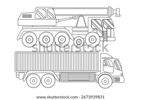 Coloring Page Outline Heavy Construction Crane and Industrial Truck on a Job Site with Clear Blue Sky