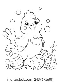 Coloring Page, outline of hen, chicken, chick with easter eggs aroun it. Line art for Easter. 
