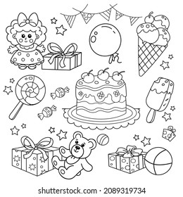 Coloring Page Outline Of holiday gifts with toys, with cake, candy and ice cream. Set for children Birthday.  Coloring book for kids.