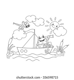 Coloring Page Outline Of a Jolly frog floating on a boat