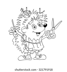 Coloring Page Outline Of Little tailor hedgehog with a needle and a thread 