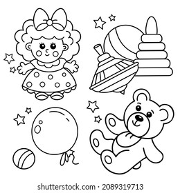 Coloring Page Outline Of little teddy bear, cute doll, ball, balloon and spinning top. Set of children toys.  Coloring book for kids