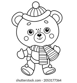 Coloring Page Outline Of little toy bear in winter. Coloring book for kids