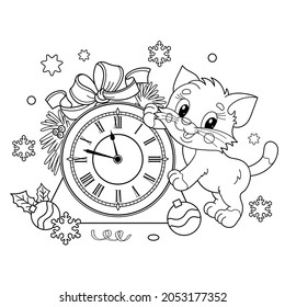 Coloring Page Outline Of New Year's clock with gifts and with little cat. Christmas. New year. Coloring book for kids.