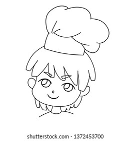 Coloring page outline of portrait cartoon cute little boy in chef's hat, cartoon character. Vector illustration for coloring book, stencil, design, prints.