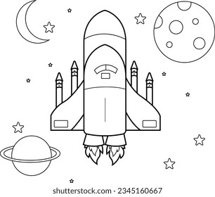 Coloring Page Outline Of Rocket And Planet. Astronaut Space Coloring Book Vector Illustration For Kids And Adult