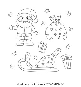 Coloring Page Outline Of Santa Claus with gifts bag and Christmas sledge. New year. Christmas.