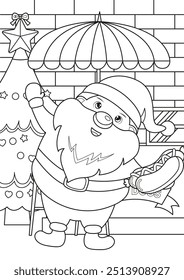 Coloring Page Outline Of Santa Claus holding a hotdog in front of a food stall