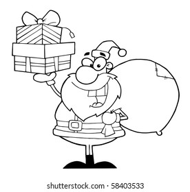 Coloring Page Outline Of Santa Holding Up Gifts