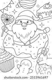 Coloring page outline of a santa pop up from donut in the candy land