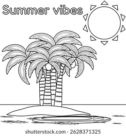Coloring page with outline a scene of a tropical island, palm trees, coconuts, surfboard, sun, ocean waves. Summer vibes. For entertaining, vacation banner, beach, summertime, tropics, sports design.