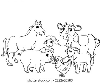 Coloring page outline .set of animal farm,horse,cow,chicken,goat,sheep,lamb,pig isolated on white background