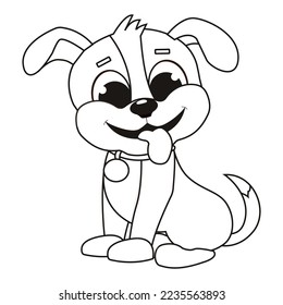 Coloring page outline sitting smiling cute dog in cartoon style. Colorful vector illustration, summer coloring book for kids.