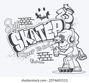 Coloring page outline, Skater boy spray graffiti wall on isolated background illustration vector.