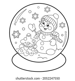 Coloring Page Outline Of Snow globe with snowman with Christmas tree. New year. Christmas. Coloring book for kids