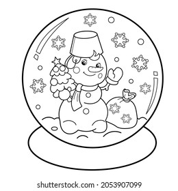 Coloring Page Outline Of Snow globe with snowman with gifts bag and Christmas tree. New year. Christmas. Coloring book for kids