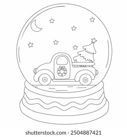 Malvorlage Outline Of Snow Globus mit Auto Kutschenbaum für Weihnachten. Neues Jahr. Weihnachten. Malbuch für Kinder