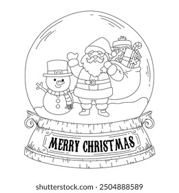 Coloring Page Outline Of Snow globe with Santa Claus and bag gift and deer for Christmas. New year. Christmas. Coloring book for kids