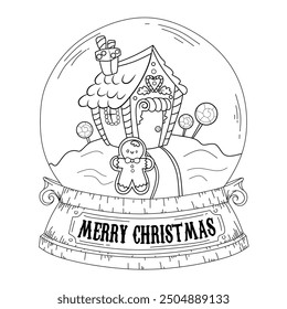 Coloring Page Outline Of Snow globe with house Christmas and candy lollipop and gingerbread for Christmas. New year. Christmas. Coloring book for kids