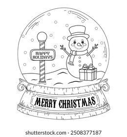 Coloring Page Outline Of Snow globe with snow man and gift for Christmas day's. New year. Christmas. Coloring book for kids