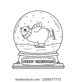 Coloring Page Outline Of Snow globe with skiing bear for Christmas day's. New year. Christmas. Coloring book for kids