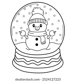 Esquema del globo de nieve con el muñeco de nieve y el árbol para las Navidades. Nuevo año. Navidades. Libro para colorear para niños