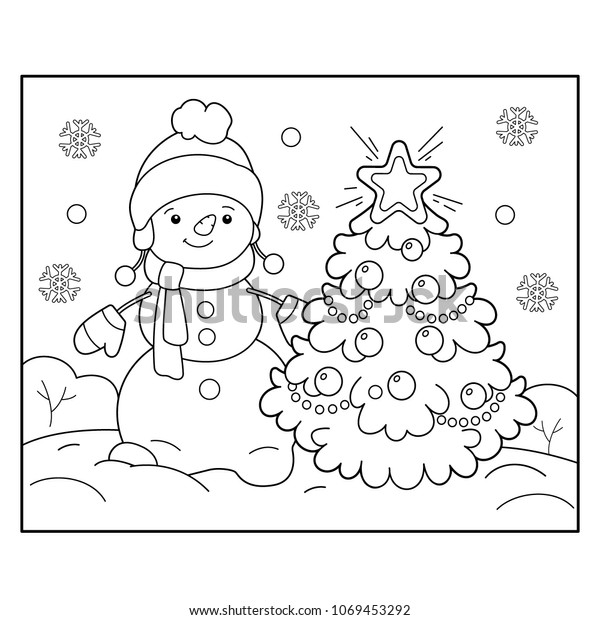 coloring page outline snowman christmas tree stock vector