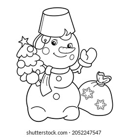 Coloring Page Outline Of snowman with gifts bag and Christmas tree. New year. Christmas. Coloring book for kids