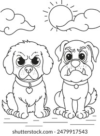 Dibujo para colorear el contorno de dos perros enojados de dibujos animados. Ilustración vectorial colorida, libro para colorear de verano para niños.