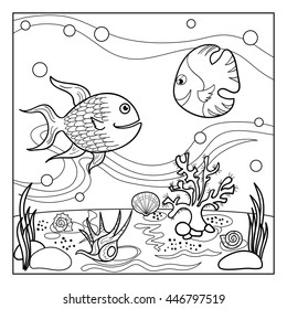 Coloring page outline of underwater world with funny fishes, corals and shells for kids.