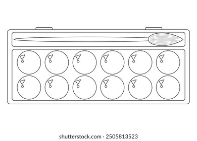 Coloring page with outline vector drawing of art supplies with watercolor paint and brushes. For entertaining kids, back to school or education black and white design, DIY craft activity, educational.