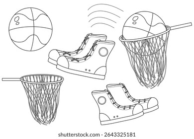 Colorir página com esboço de desenho vetorial de basquete conjunto de bolas, aros e tênis. Para entreter a atividade das crianças, voltar para a escola ou educação preto e branco design imprimível, e DIY ofício.