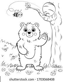 Färben von Seitenumrissen eines schwingenden Cartoon-Bären mit Bienennest. Vektorillustration mit Naturhintergrund. Farbbuch von wilden Waldtieren für Kinder.