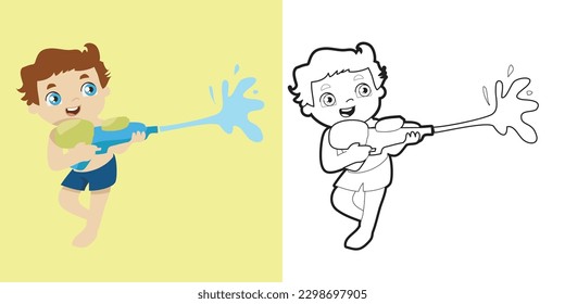 Esbozo de página de color de un niño que toca la pistola de agua durante el verano. Colorando la hoja de cálculo para niños. Página de coloreado vectorial en blanco y negro. Archivo de ilustraciones de vectores.