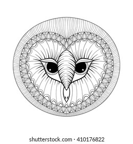 Coloring page with Owl head, zenart hand drawing illustration, tribal totem, mascot, doodle bird for art therapy books or tattoo, logo design, postcard. Vector monochrome sketch of polar bird.