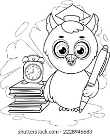 Coloring page. Owl with a pen, books and alarm clock