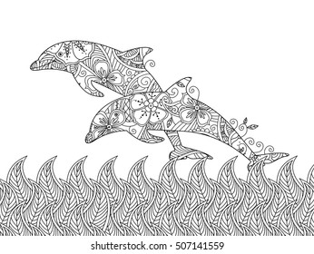 Coloring page with pair of jumping dolphins in the sea. Horizontal composition. Coloring book for adult and older children. Editable vector illustration.