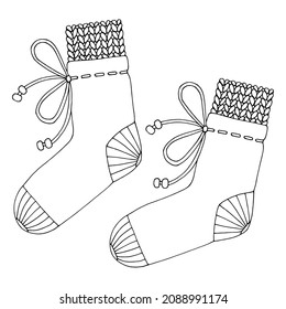 Coloring page a pair of warm socks with a knitted top and a bow tie. Piece of clothing. Hand drawn vector line art illustration. Coloring book for children and adults. Black and white sketch.