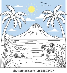 A coloring page with palm trees mountain ocean and sun in a tropical scene