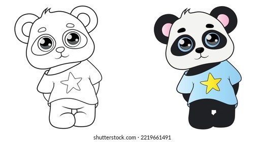 Coloring page panda boy, Vector illustration panda color and black and white.