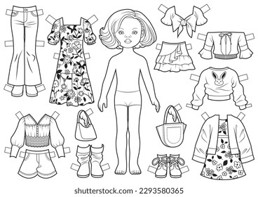 Colorido página con muñeca de papel con un conjunto de ropa. Diferentes trajes de moda, zapatos y accesorios. Vector blanco y negro Ilustración.