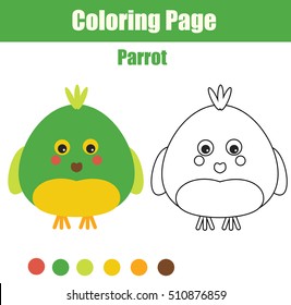 Coloring page with parrot. Color the parrot drawing activity. Educational game for pre school aged kids, animals theme. Printable kids activity