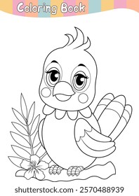 Coloring page parrot on a branch. Coloring book. Coloring page. Vector illustration.