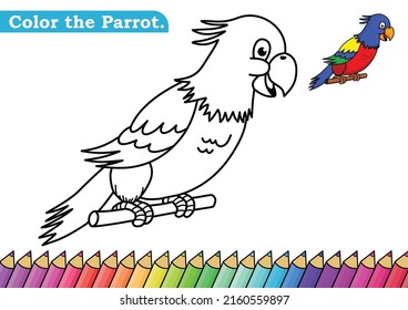 Página de coloreado para la ilustración vectorial Parrot. 
Niños de kindergarten Colorando páginas de actividad hoja de trabajo con adorable dibujo animado de Parrot colorido. 
Loro aislado en el fondo blanco para libros de color.