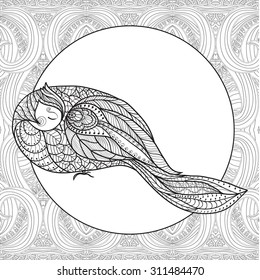 Coloring page with pattern and bird in zentangle style
