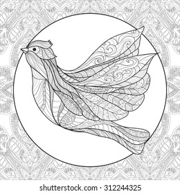 Coloring page with pattern and bird in zentangle style